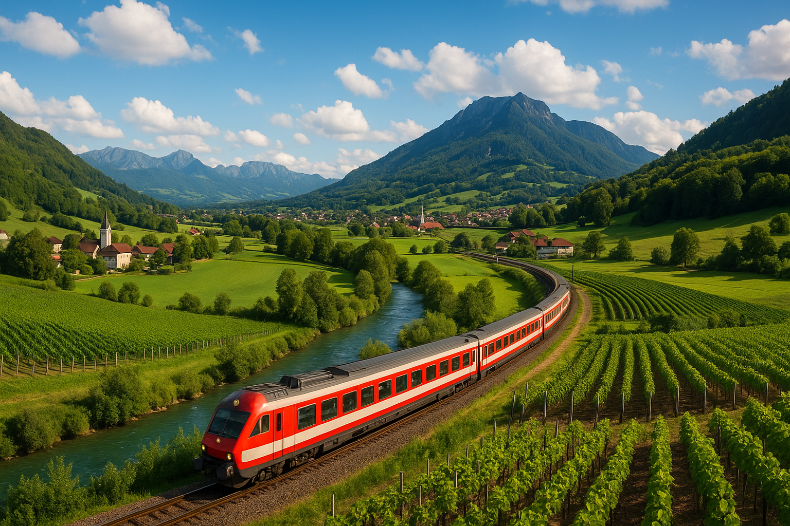 Train traveling through European countryside